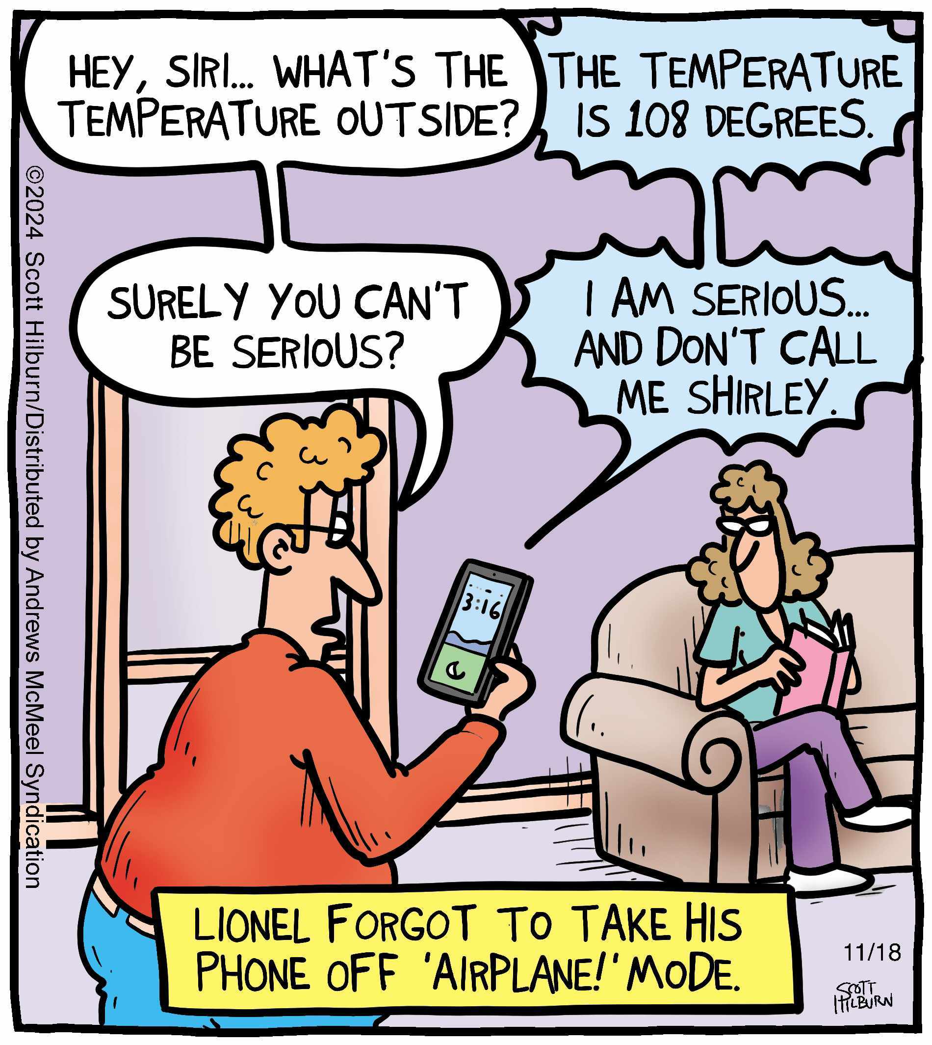 Cartoon depicting a humorous exchange between two characters about the temperature outside, with one character using a phone to ask about the weather while the other responds with a joke. The scene illustrates a lighthearted moment, highlighting the confusion caused by a phone left in 'Airplane' mode.