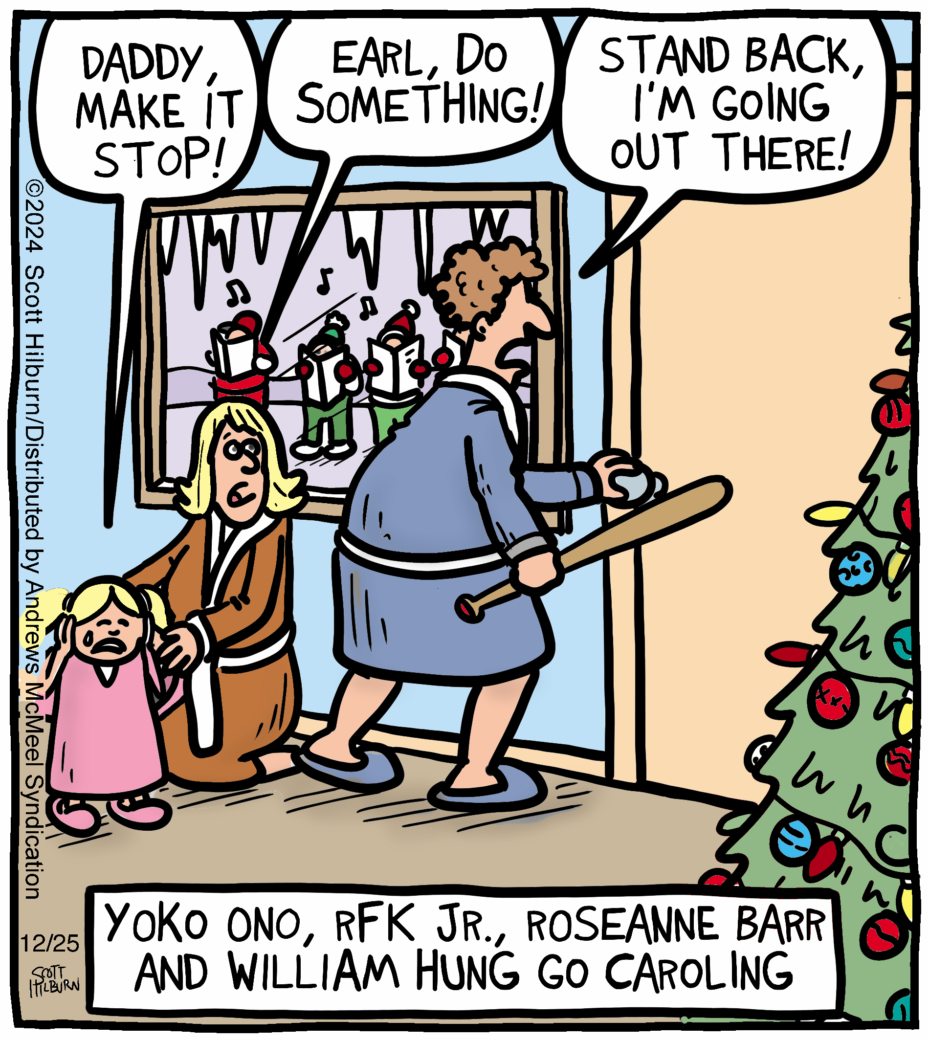Cartoon depicting a family in pajamas on Christmas Eve, with a father holding a bat ready to confront something outside, while a mother and child express concern. The scene includes a decorated Christmas tree and a window showing festive decorations.