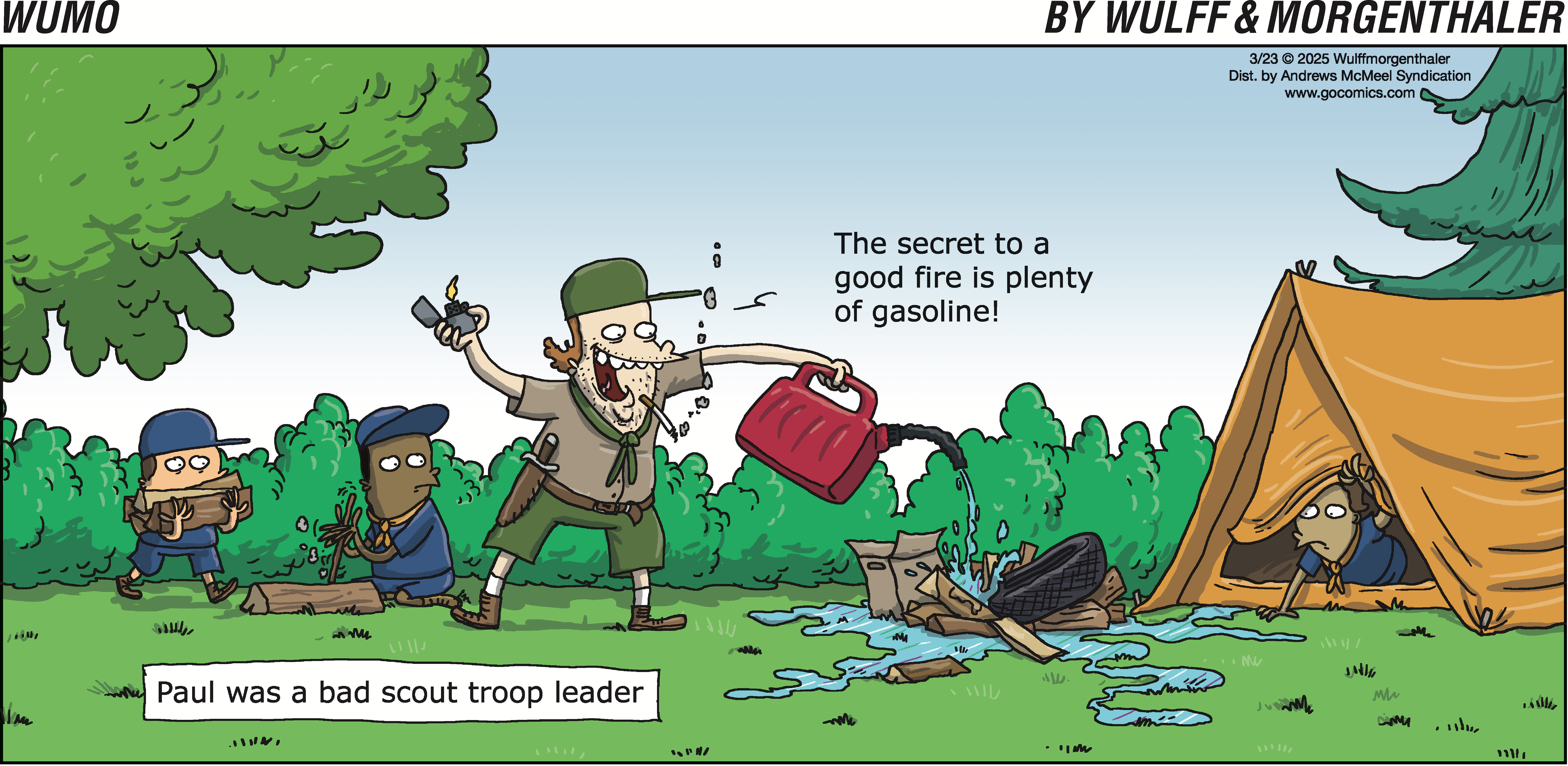 Comic depicting a humorous scene where a scout leader named Paul, portrayed as reckless, humorously suggests using gasoline to start a campfire, while other scouts look on in surprise. The setting includes a tent and a forest backdrop, highlighting the comedic take on scouting adventures.