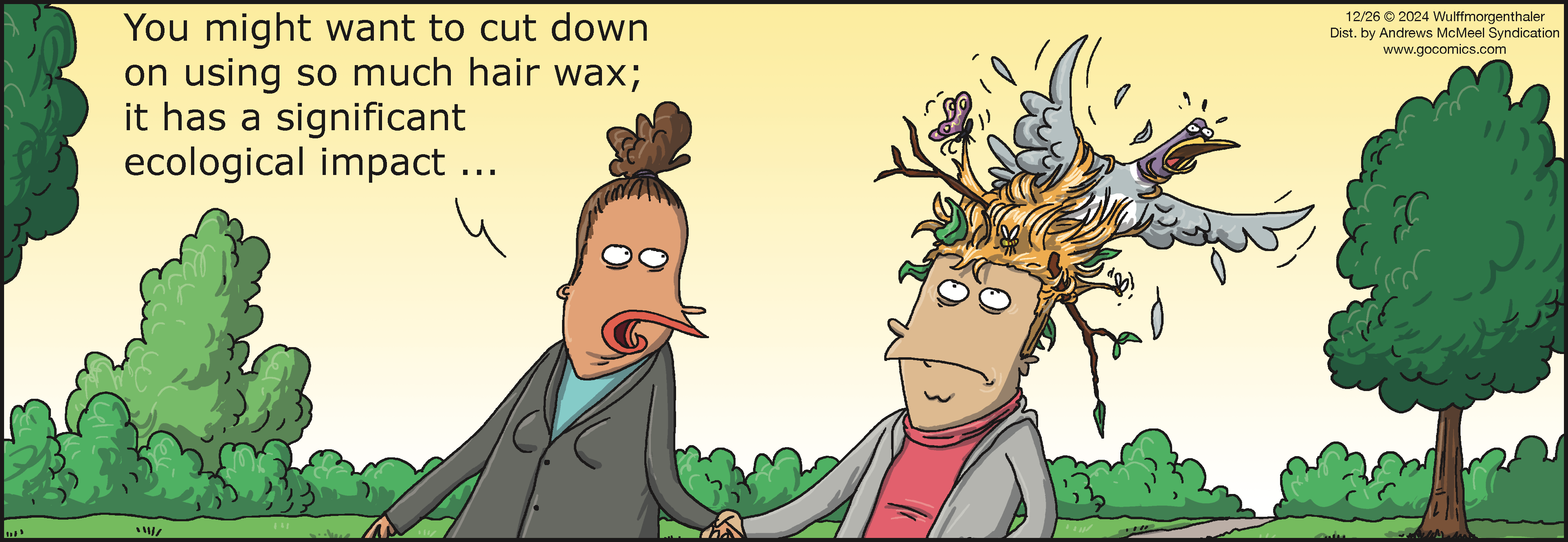 Two cartoon characters walk in a park, discussing the ecological impact of excessive hair wax use. One character has a humorous hairstyle adorned with birds and plants, while the other looks surprised. Lush greenery surrounds them, creating a lighthearted environmental message.