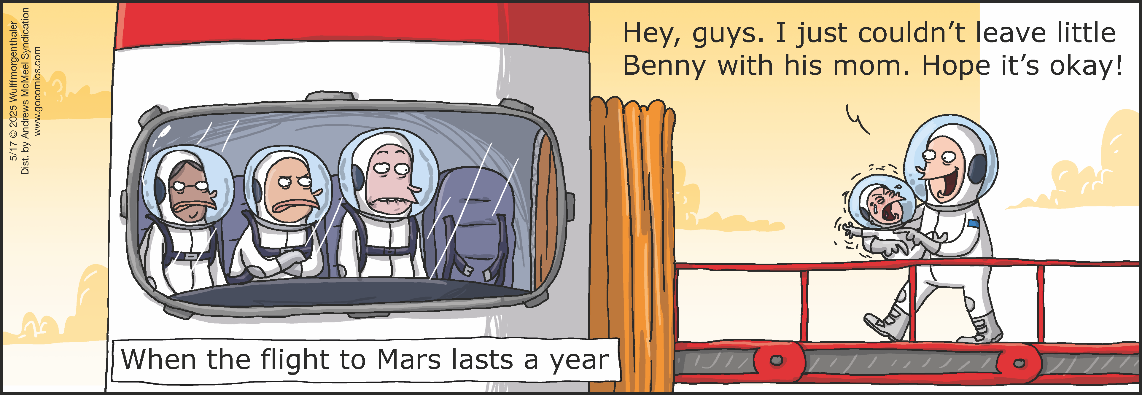 Four astronauts are inside a spacecraft looking surprised, while one astronaut outside holds a baby, humorously explaining he couldn't leave the baby with its mother. The scene captures a comedic moment about an unexpected situation during a long flight to Mars.